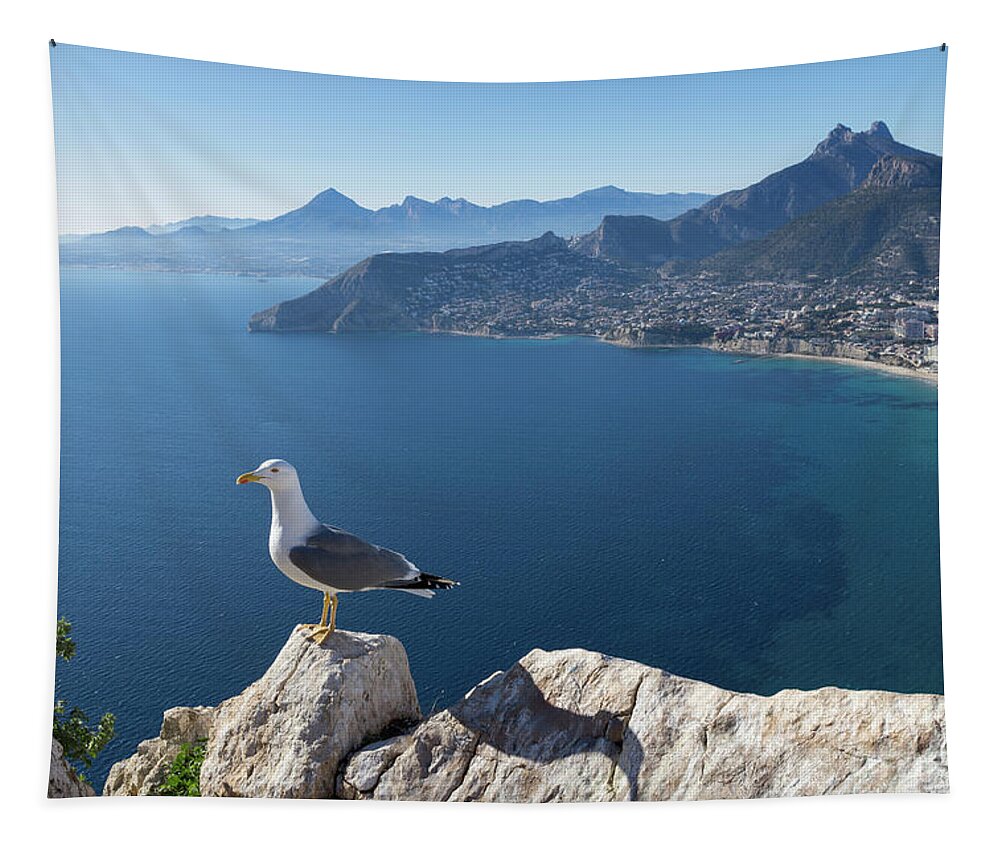 Seagull Tapestry featuring the photograph View towards the mountains of the Mediterranean coast by Adriana Mueller