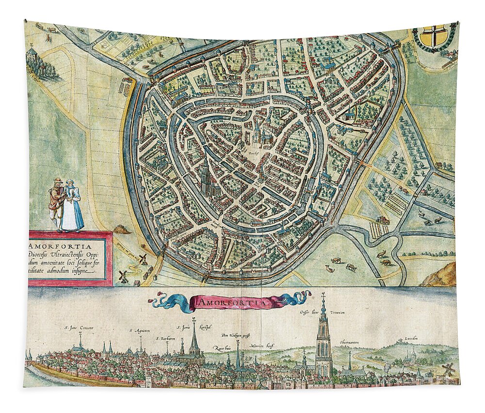 1588 Tapestry featuring the drawing Views Of Amersfoort, 1588 by Georg Braun and Franz Hogenberg