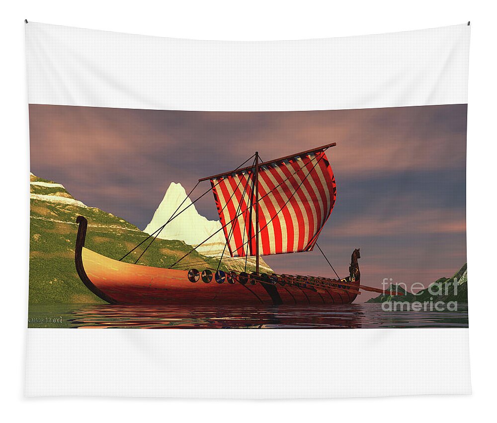 Viking Tapestry featuring the digital art Viking Ship in Fjord by Corey Ford