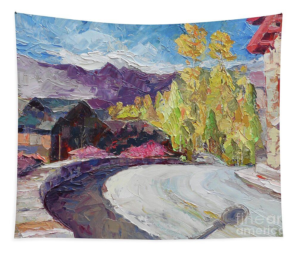 Telluride Village Tapestry featuring the painting Village Bridge, 2018 by PJ Kirk