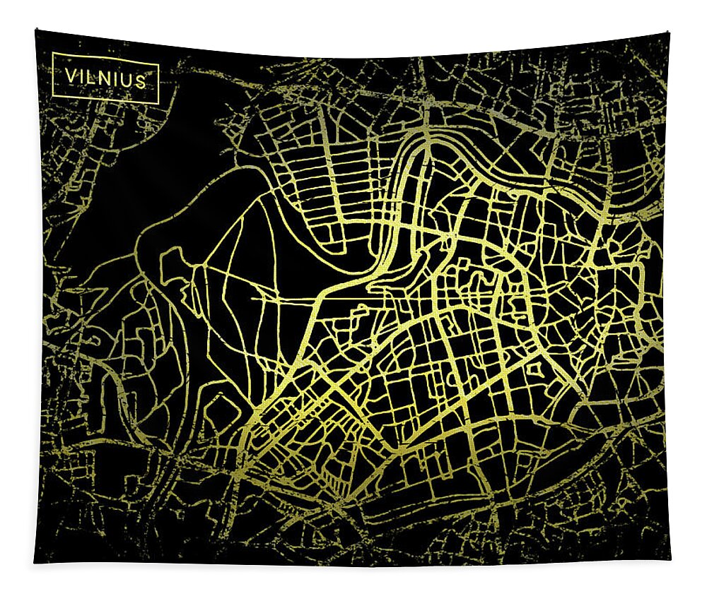 Map Tapestry featuring the digital art Vilnius Map in Gold and Black by Sambel Pedes