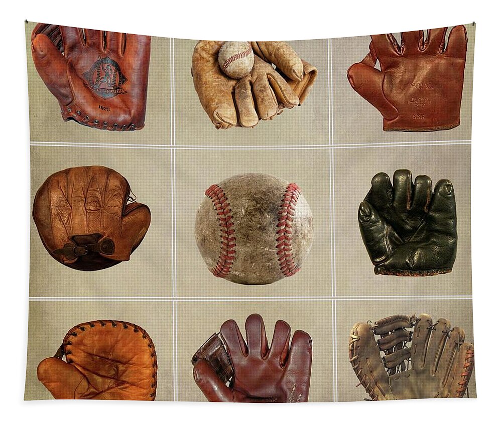 Mlb Tapestry featuring the mixed media Vintage Baseball Gloves and Ball by David Dehner
