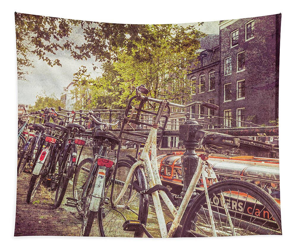 Boats Tapestry featuring the photograph Vintage Bicycles of Every Color in Amsterdam by Debra and Dave Vanderlaan
