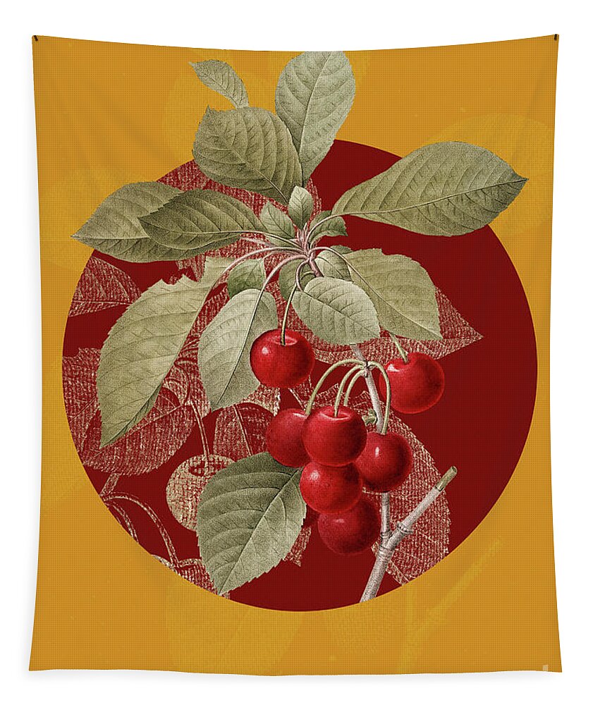 Vintage Tapestry featuring the painting Vintage Botanical Cherry on Circle Red on Yellow by Holy Rock Design