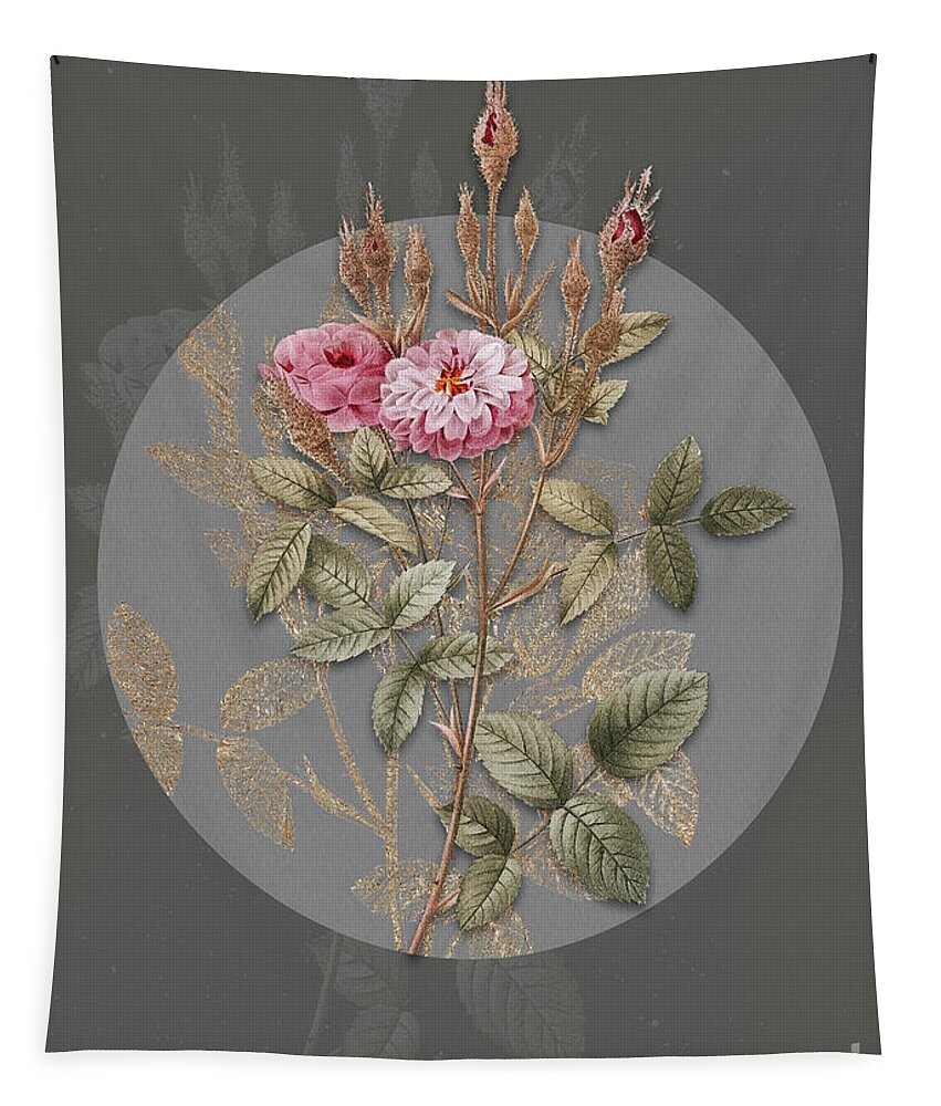 Vintage Tapestry featuring the painting Vintage Botanical Mossy Pompon Rose on Circle Gray on Gray by Holy Rock Design