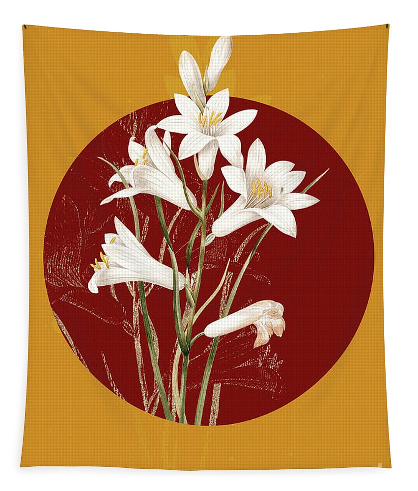 Vintage Tapestry featuring the painting Vintage Botanical St Brunos Lily on Circle Red on Yellow by Holy Rock Design