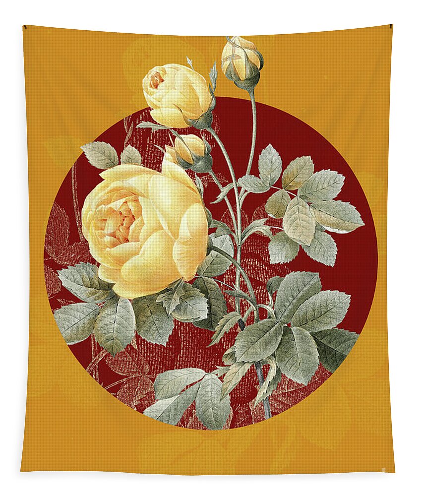 Vintage Tapestry featuring the mixed media Vintage Botanical Yellow Rose on Circle Red on Yellow by Holy Rock Design