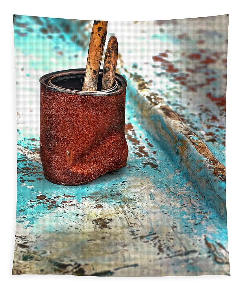 Rowboat Tapestry featuring the photograph Rusted Paint Can On the Hull of a Wooden Rowboat by Cordia Murphy