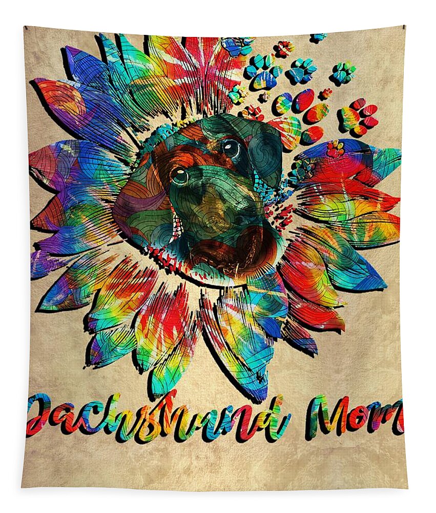  Tapestry featuring the digital art Vintage Dachshund Wiener Dog Womens Sunflower Dachshund Mom Tie Dye Dog Lover Doxie Dog by Clint McLaughlin