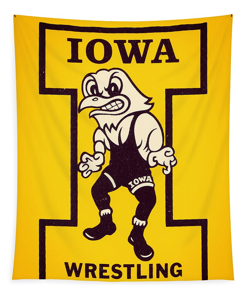 Iowa Tapestry featuring the mixed media Vintage Iowa Wrestling Art by Row One Brand