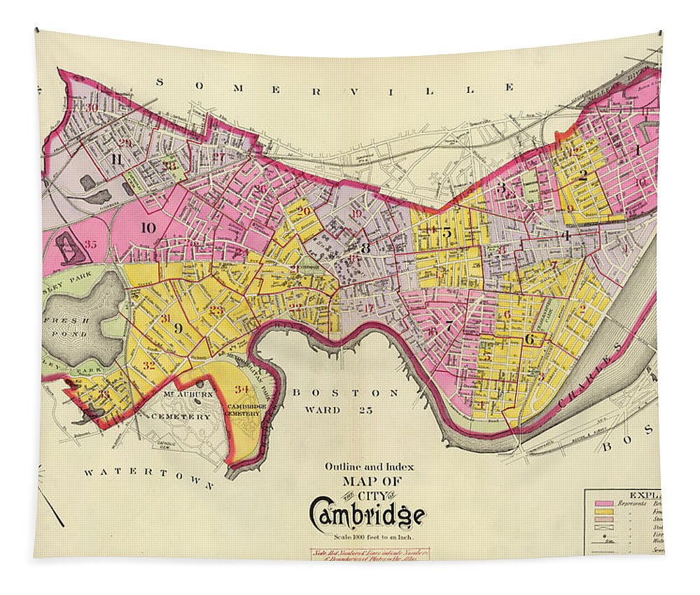 Cambridge Tapestry featuring the drawing Vintage Map of Cambridge MA 1903 by Adam Shaw
