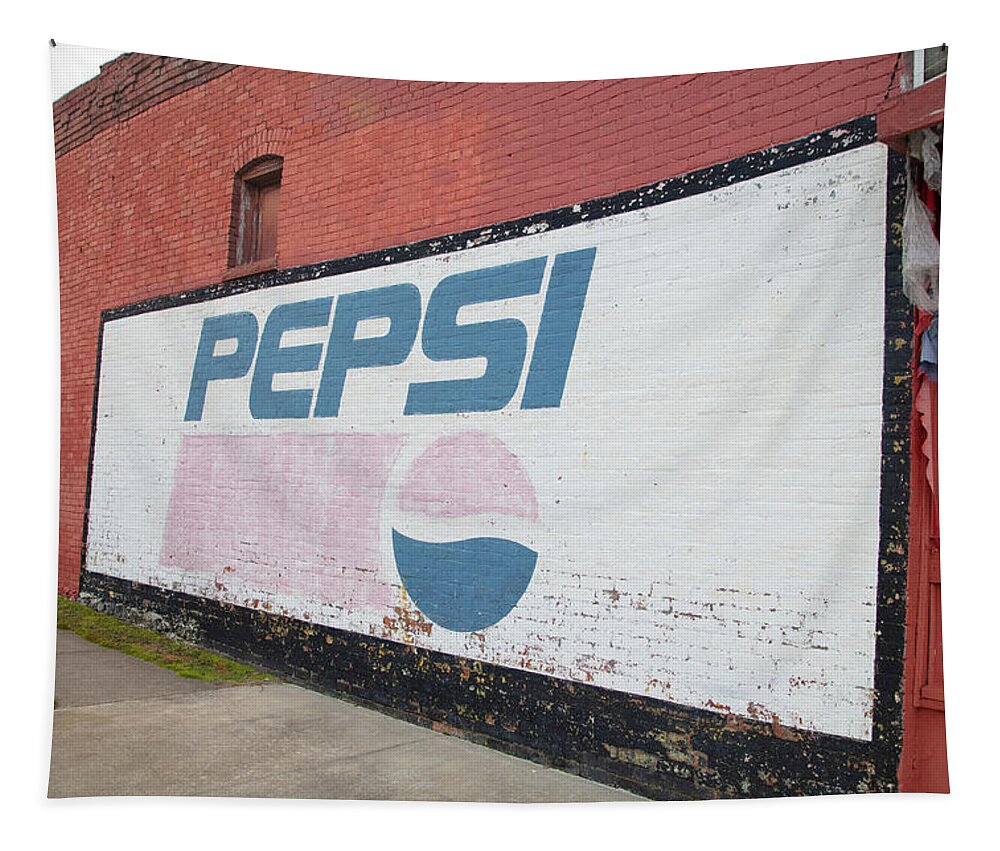 United States Of America Tapestry featuring the photograph Vintage Pepsi mural advertisement on Historic Route 66 in Galena Kansas by Eldon McGraw