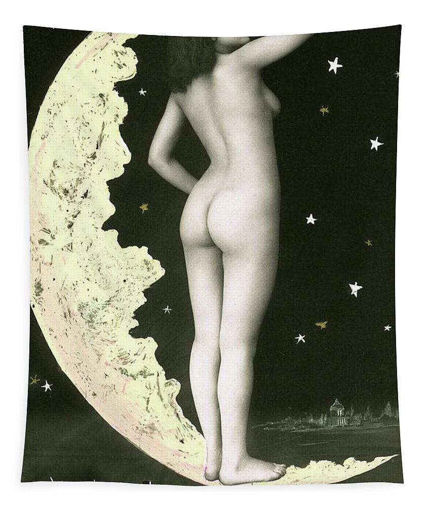 Moon Tapestry featuring the photograph Vintage Postcard with a nude model in a crescent moon by French School