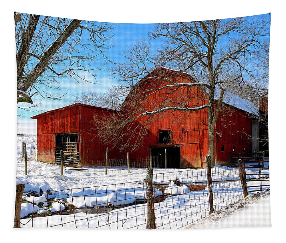 Barn Tapestry featuring the photograph Vintage Red Barn in Snow by Shelia Hunt