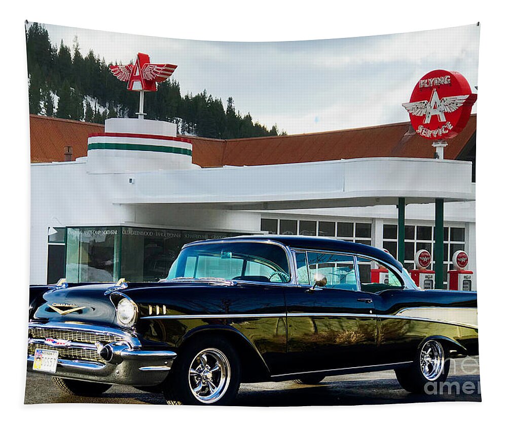 55 Tapestry featuring the photograph Vintage Flying A Station and 1957 Chevrolet by Doug Gist