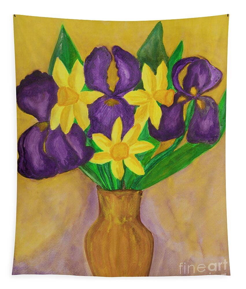 Flower Tapestry featuring the painting Violet irises and yellow daffodiles in vase by Irina Afonskaya
