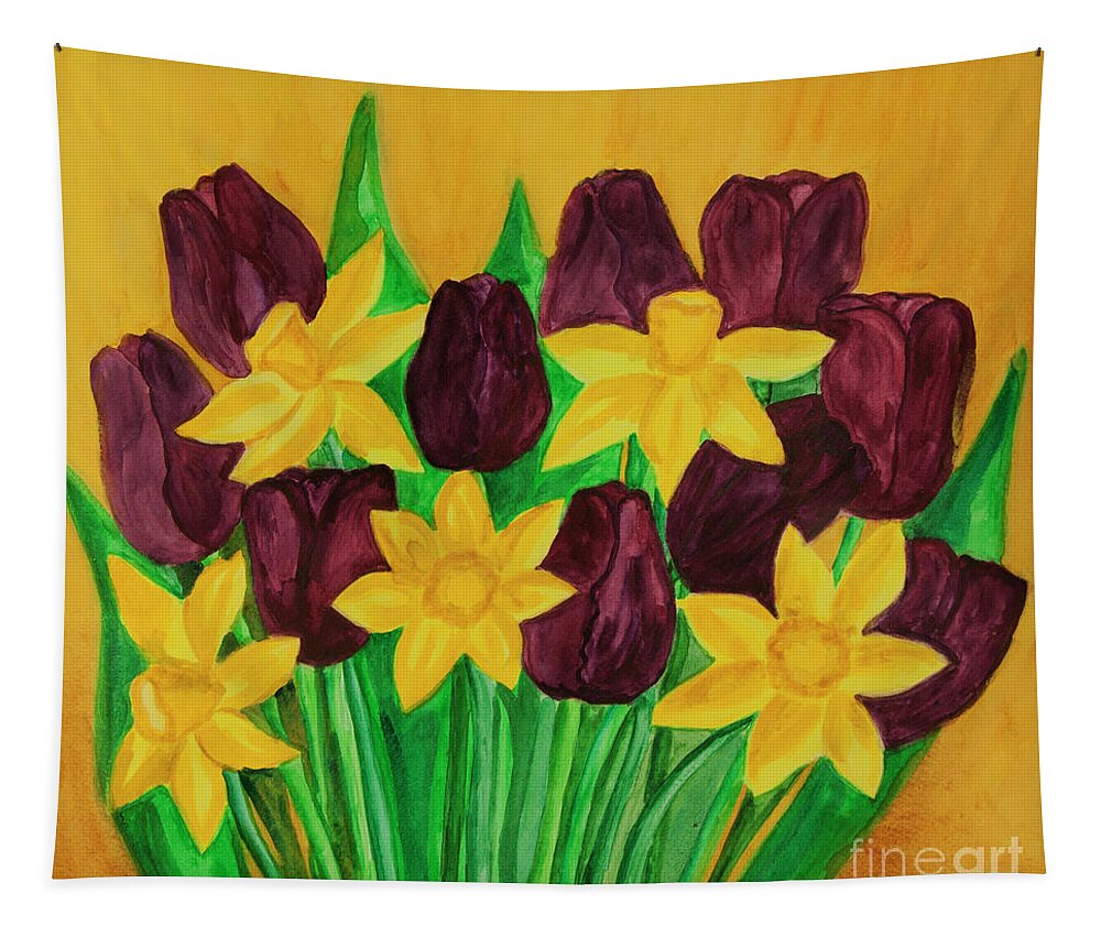 Flower Tapestry featuring the painting Violet tulilips and yellow daffodiles in bouquet by Irina Afonskaya