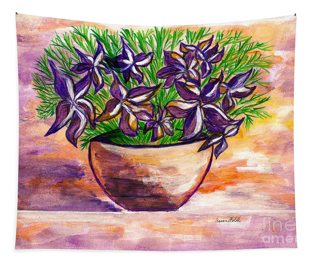 Violets Tapestry featuring the painting Violets in a Basket for You My Love by Ramona Matei