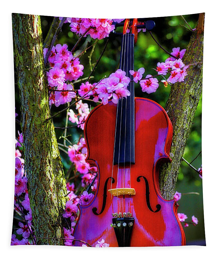 Violin Tapestry featuring the photograph Violin In Flowering Plum Tree by Garry Gay
