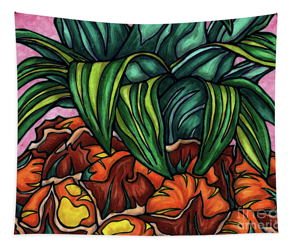 Pineapple Tapestry featuring the painting Vivid pineapple painting, exotic summer fruit by Nadia CHEVREL