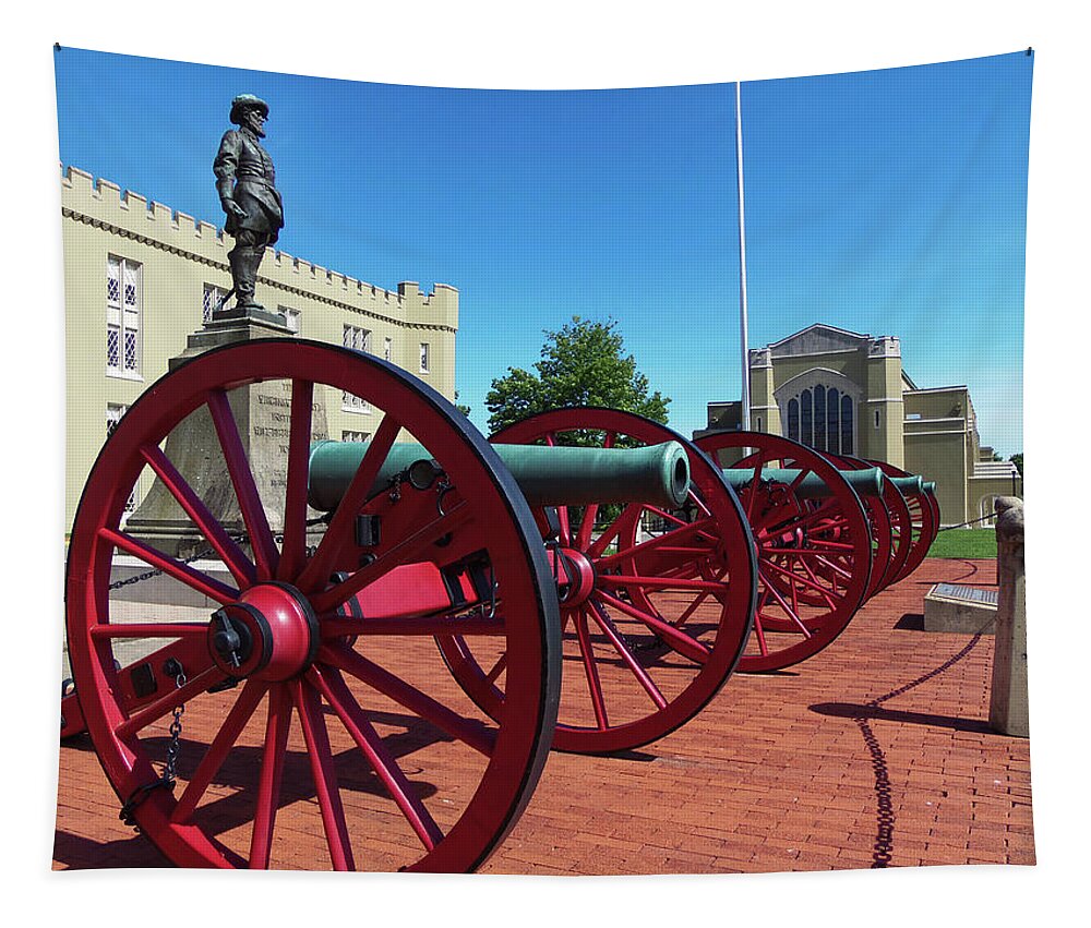 Jackson Memorial Hall Tapestry featuring the photograph VMI Cannons and Jackson Memorial Hall by Deb Beausoleil
