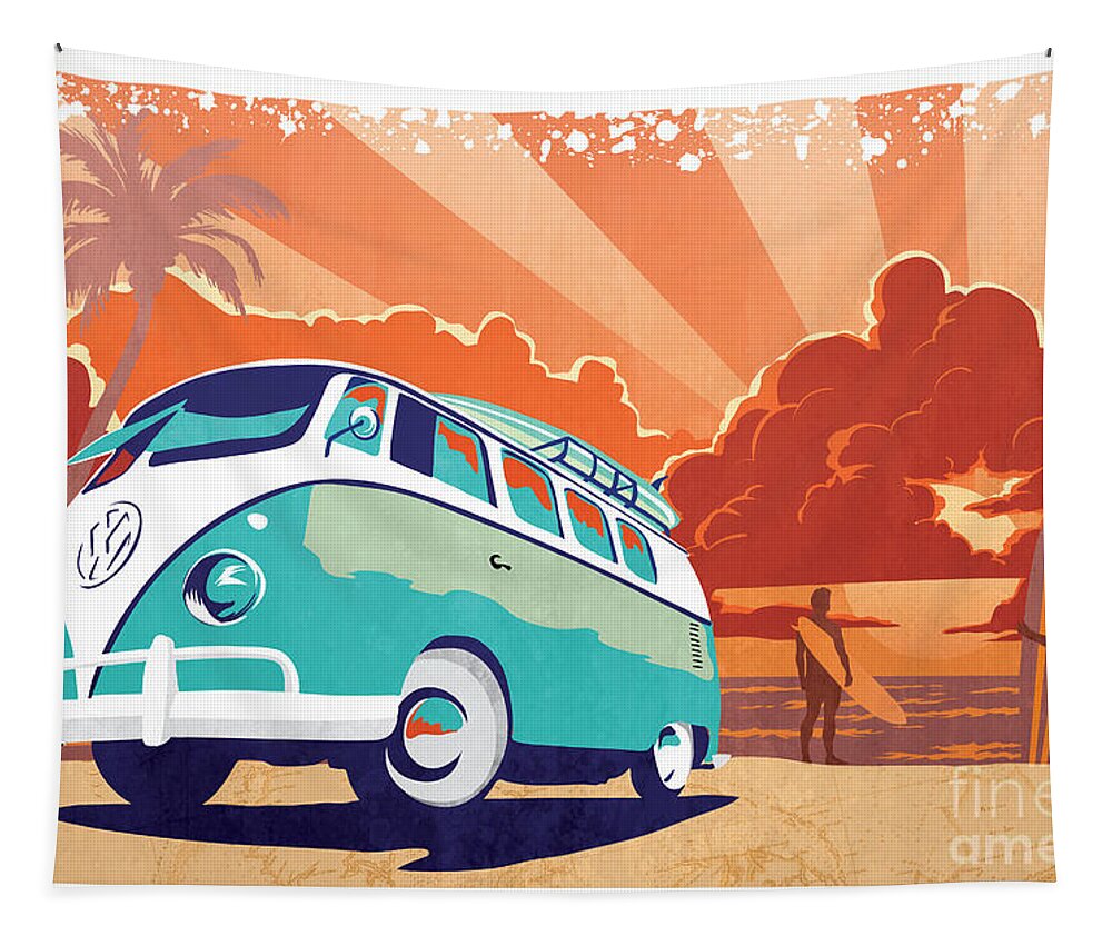 Kombi Tapestry featuring the painting VW Kombi Surf paradise by Sassan Filsoof