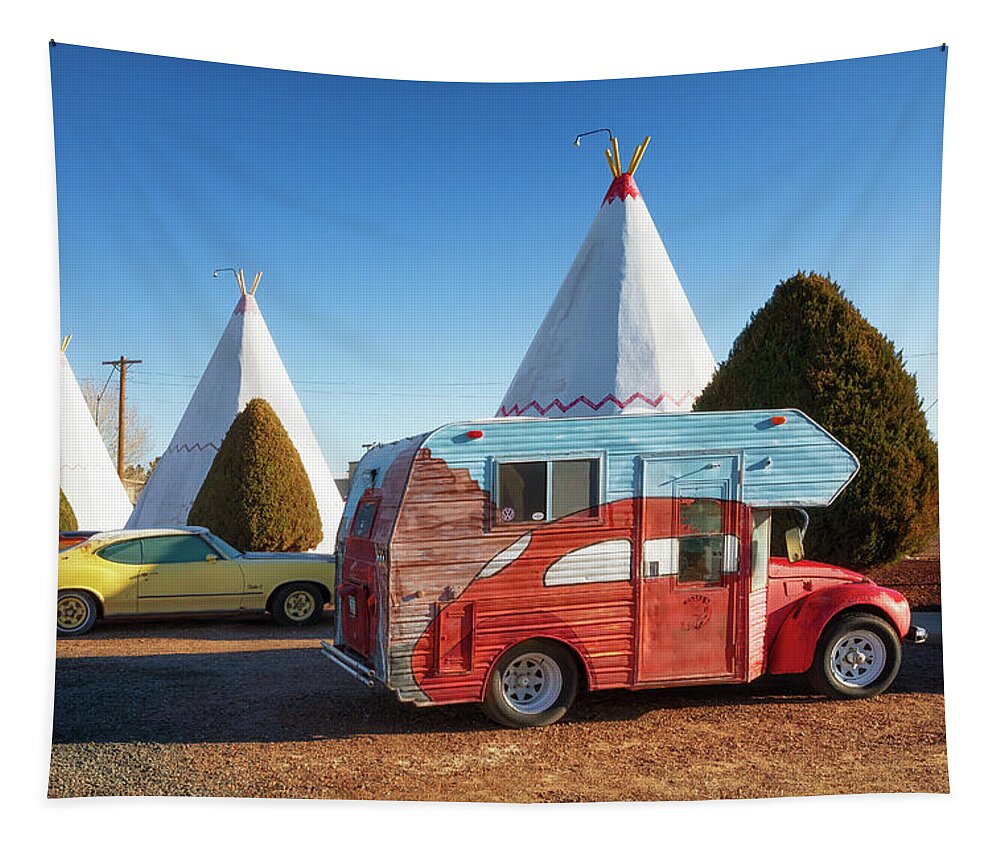 Route 66 Tapestry featuring the photograph VW Super Bugger RV - Wigwam Motel - Route 66 by Susan Rissi Tregoning