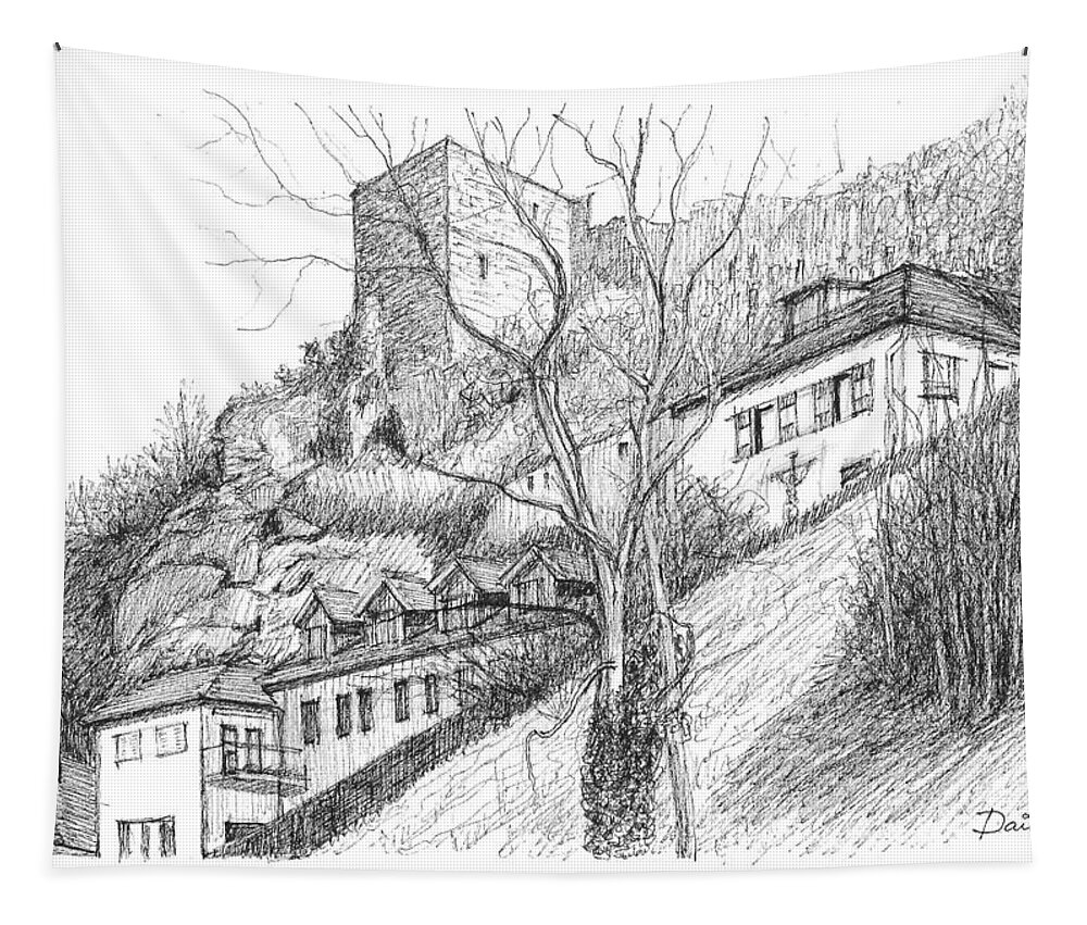 Stone Tower Tapestry featuring the drawing Wachau Kellerberg in Durnstein on the River Danube in Austria by Dai Wynn