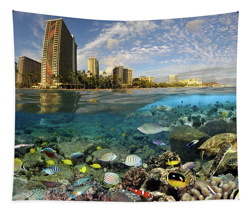 Waikiki Tapestry featuring the digital art Waikiki over-under by Artesub