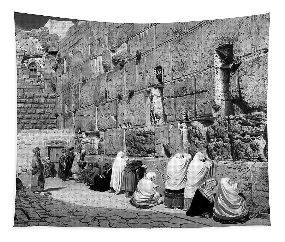 Jerusalem Tapestry featuring the photograph Wailing Wall 1885 Black and White by Munir Alawi