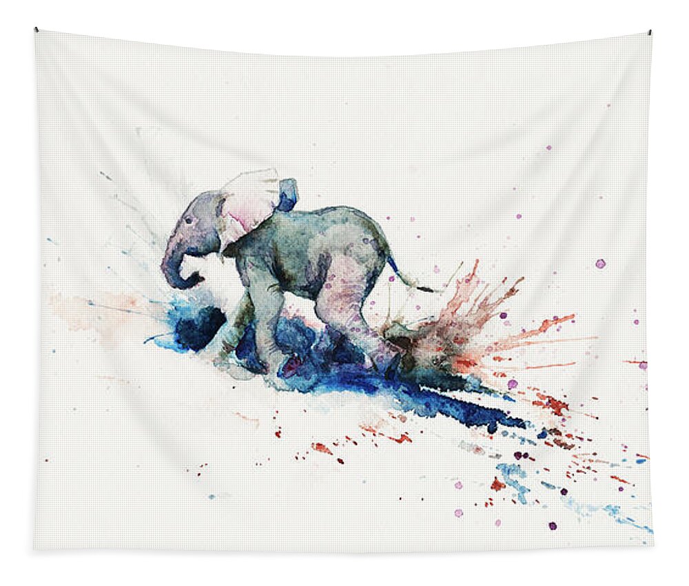 Elephant Tapestry featuring the painting Wait for Me by Zaira Dzhaubaeva