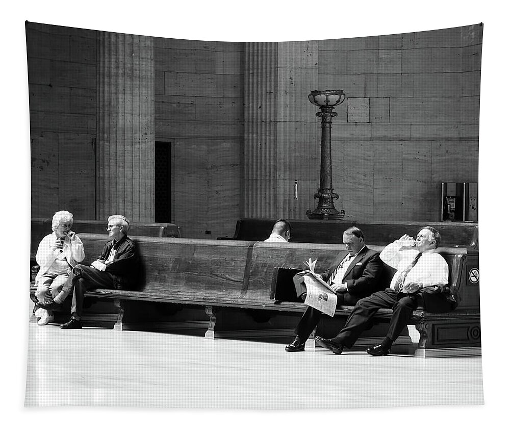 Waiting For A Train Tapestry featuring the photograph Waiting for a Train -- Passengers Waiting in Union Station in Chicago, Illinois by Darin Volpe