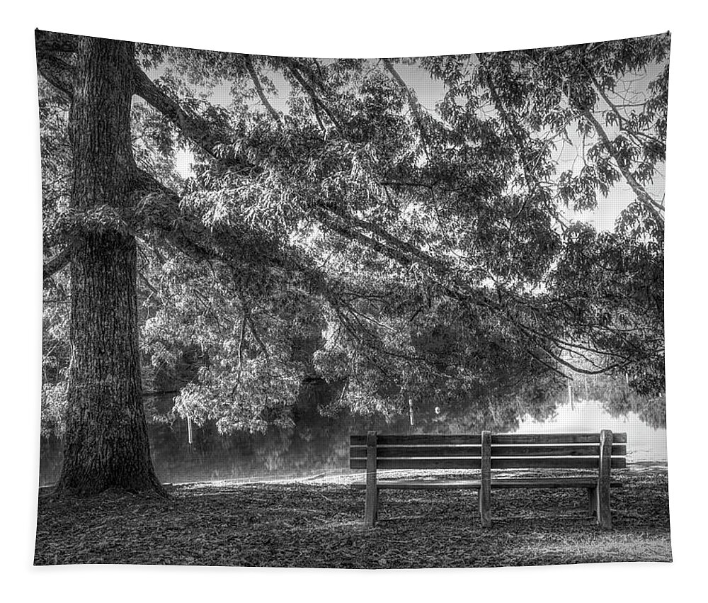 Benton Tapestry featuring the photograph Waiting in the Fall Black and White by Debra and Dave Vanderlaan