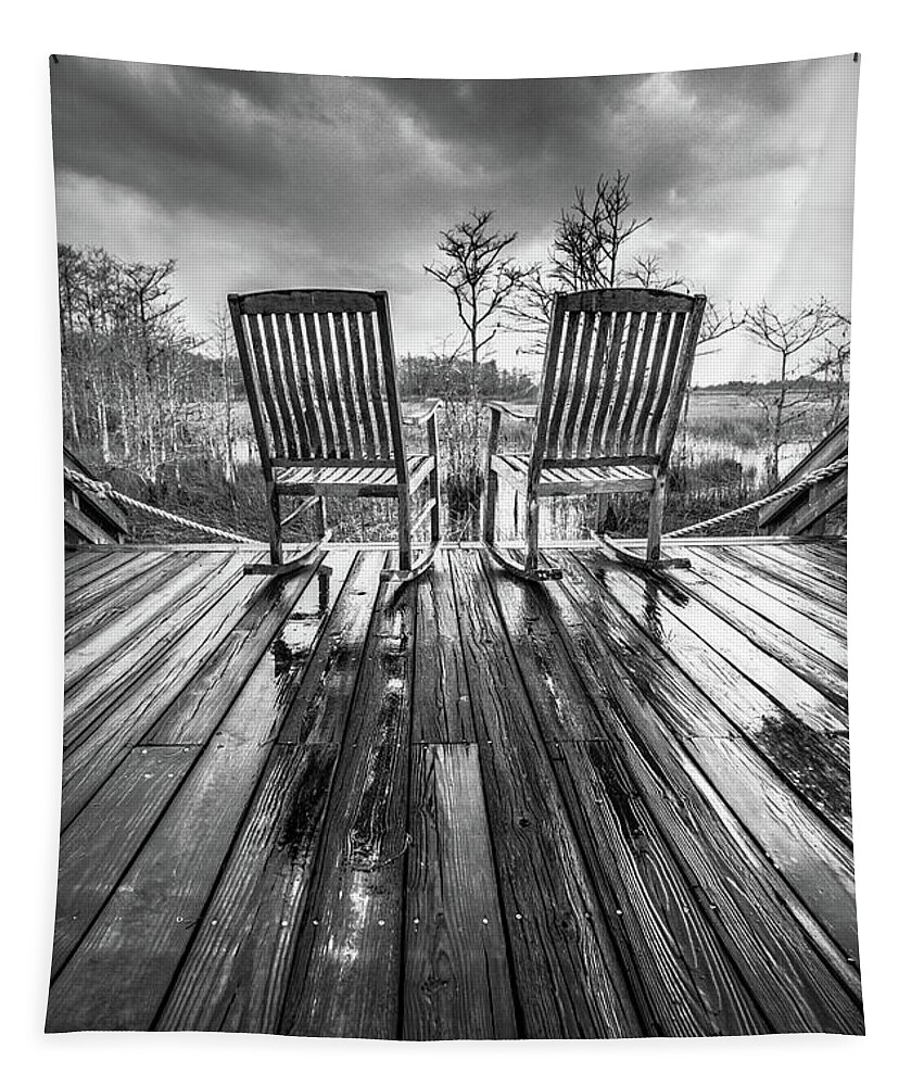 Clouds Tapestry featuring the photograph Waiting on the Thunder II in Black and White by Debra and Dave Vanderlaan