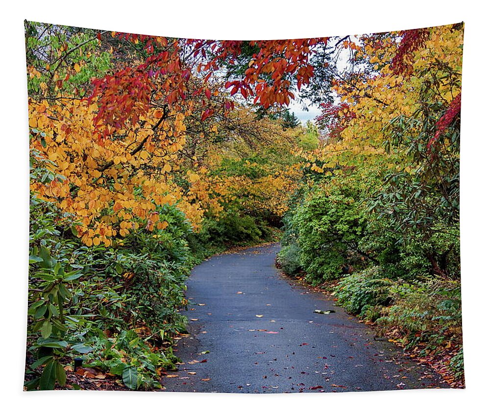 Alex Lyubar Tapestry featuring the photograph Walking path through the autumn park by Alex Lyubar