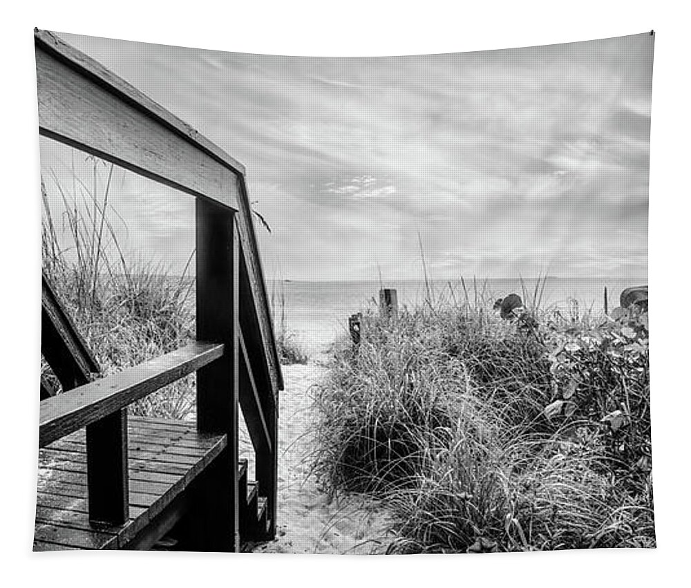 Clouds Tapestry featuring the photograph Walkway into Paradise Black and White by Debra and Dave Vanderlaan