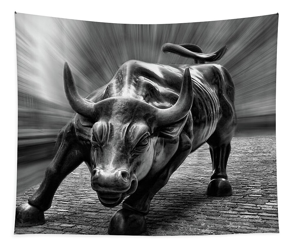 Wall Street Bull Black And White Tapestry featuring the photograph Wall Street Bull Black and White by Wes and Dotty Weber
