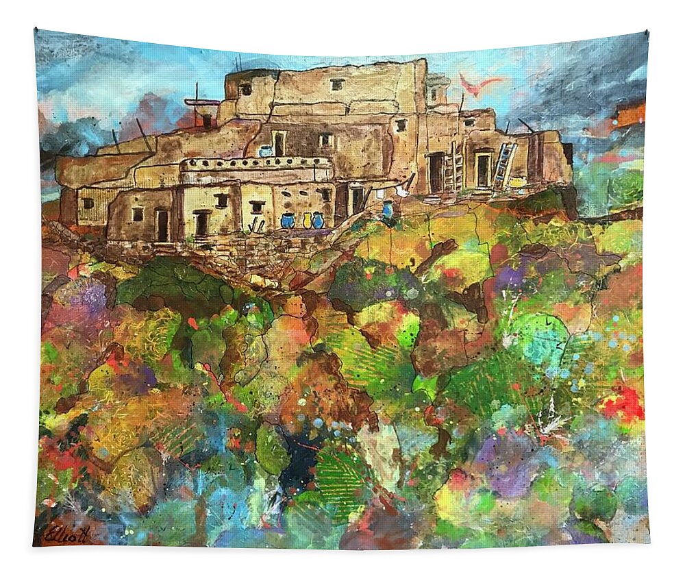 Southwest Landscape Tapestry featuring the painting Walpi Village II by Elaine Elliott