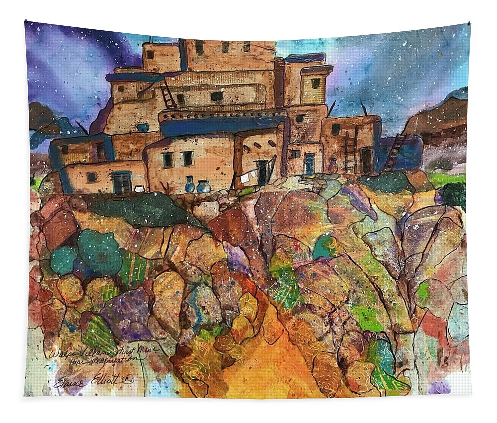 Ancient Dwelling Tapestry featuring the painting Walpi Village Pueblo by Elaine Elliott
