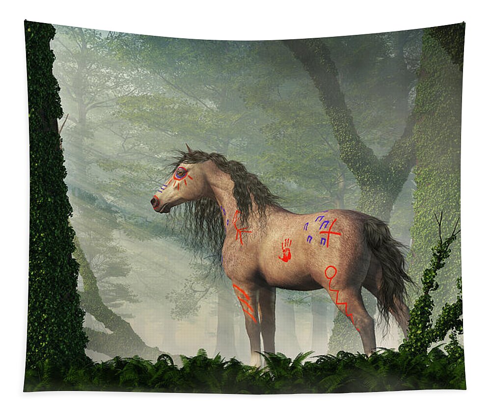 War Horse Tapestry featuring the digital art War Horse in a Misty Forest by Daniel Eskridge