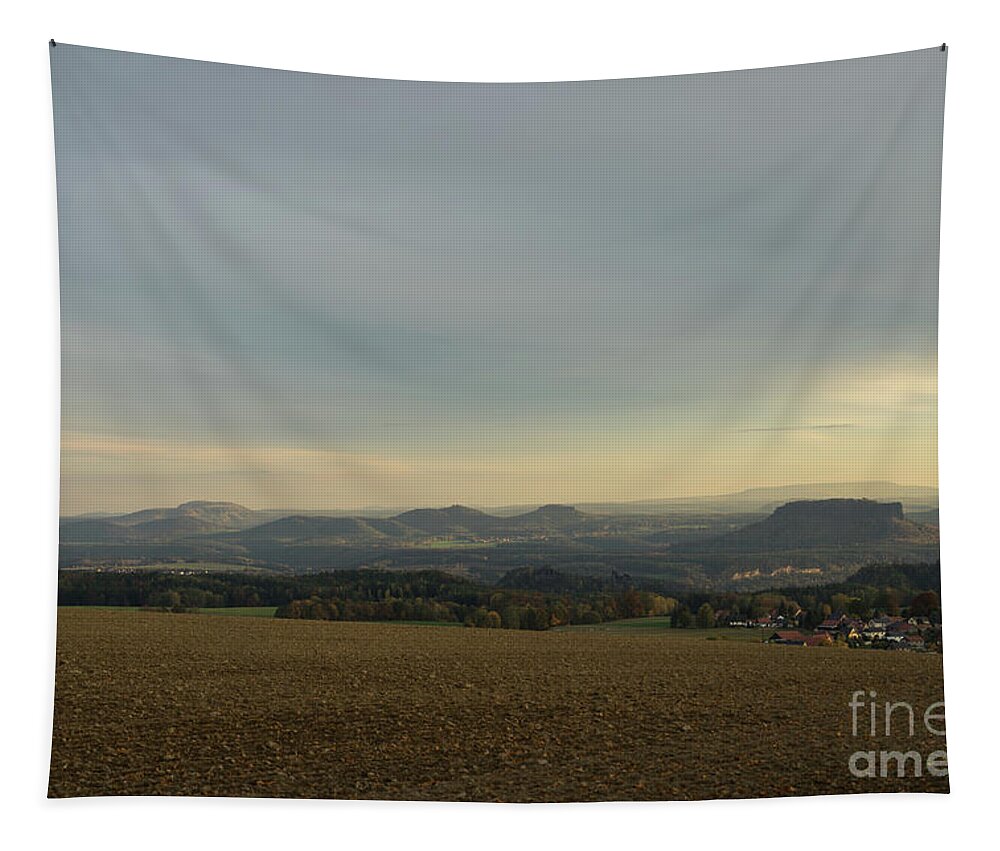 Landscape Tapestry featuring the photograph Warm gray sky in Saxon Switzerland by Adriana Mueller