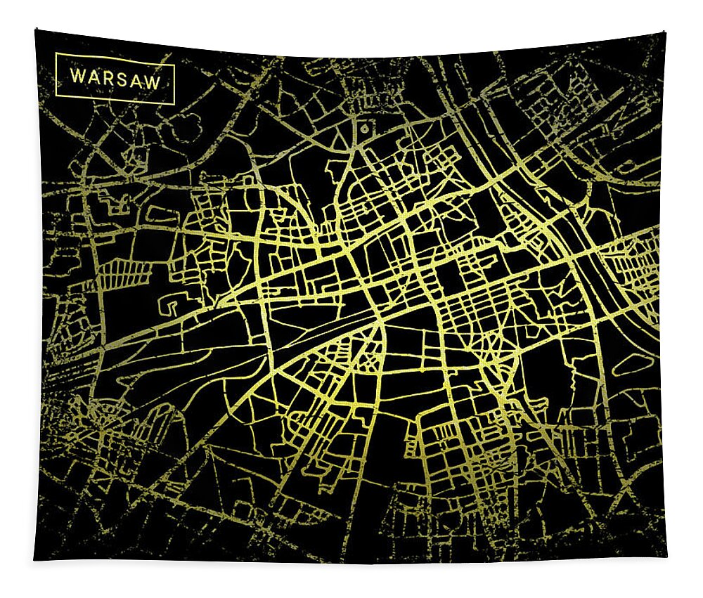Map Tapestry featuring the digital art Warsaw Map in Gold and Black by Sambel Pedes