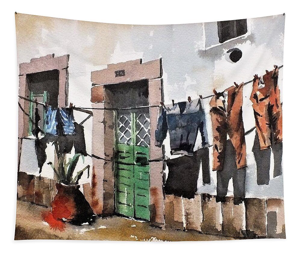 Luule House Pretending To Be A Washing Line ! Portugal Tapestry featuring the painting Washing Line in Luule, Portugal by Val Byrne