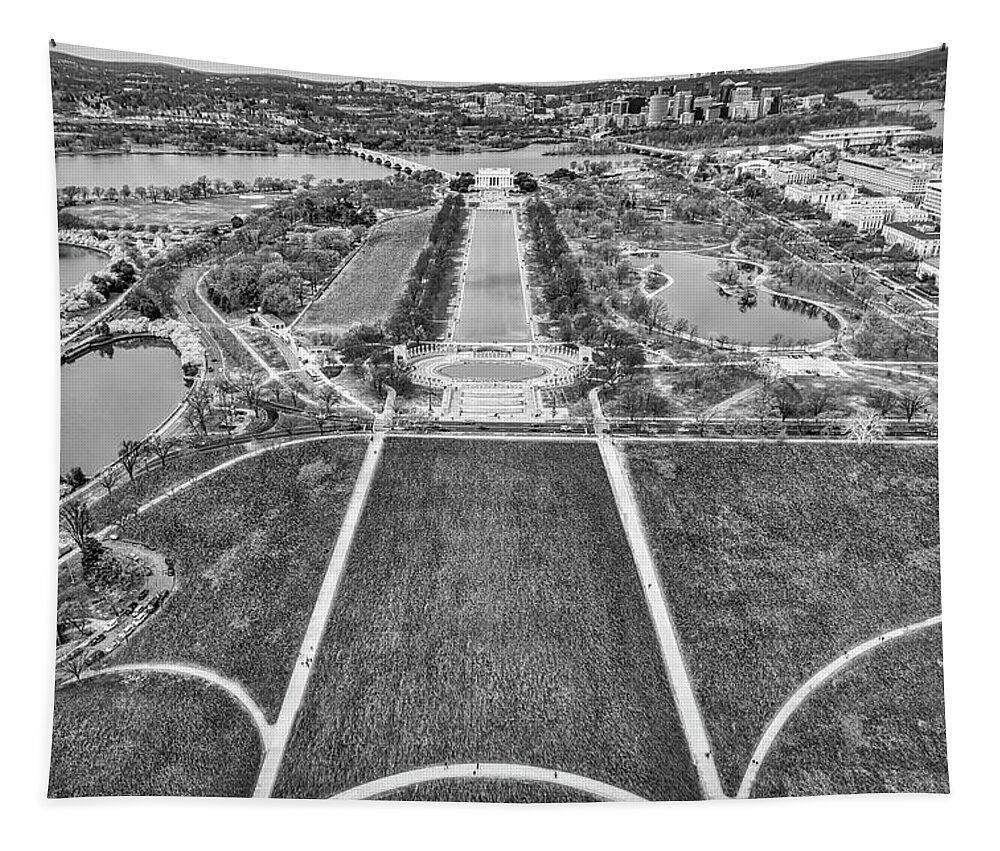 Washington Dc Tapestry featuring the photograph Washington DC Memorials Aerial BW by Susan Candelario