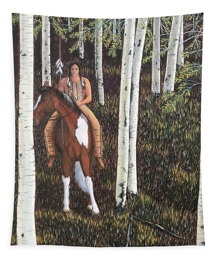 Landscape Tapestry featuring the painting Watching from the Birch Trees by Mr Dill