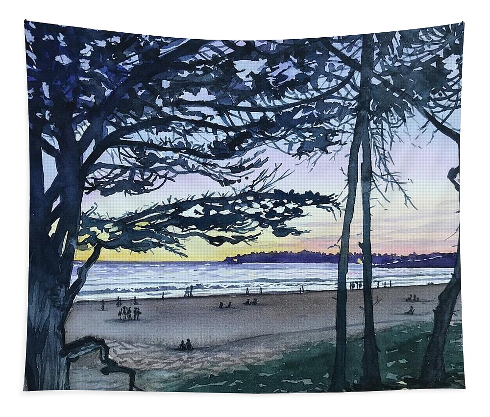 Carmel Tapestry featuring the painting Watching the Sunset - Carmel Beach by Luisa Millicent