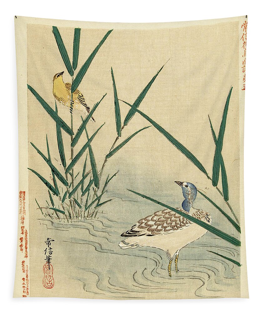 Kano Tsunenobu Tapestry featuring the drawing Water bird looking at yellow songbird by Kano Tsunenobu