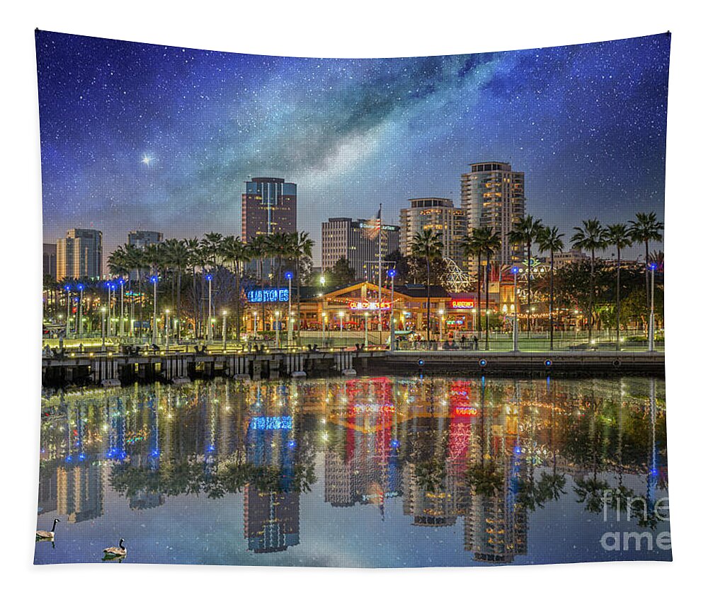 Long Beach Ca Skyline Tapestry featuring the photograph Water Reflecting Lights Sunset Long Beach CA by David Zanzinger