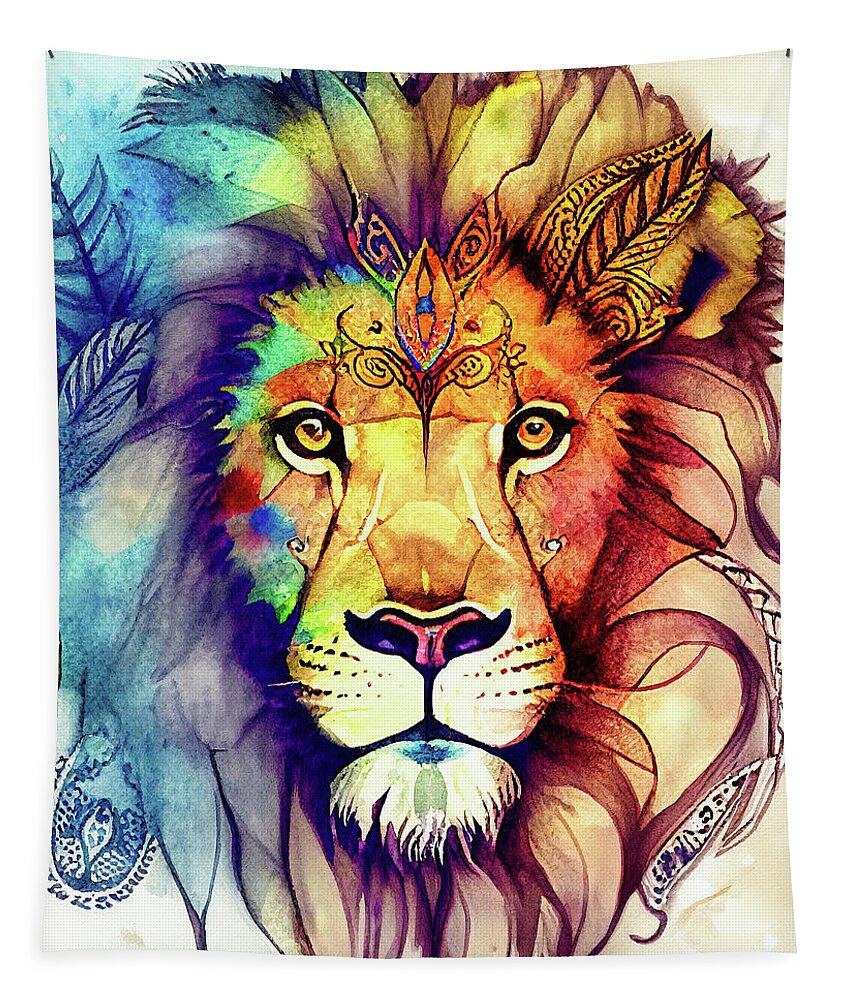 Lion Tapestry featuring the digital art Watercolor Animal 02 Lion Portrait by Matthias Hauser