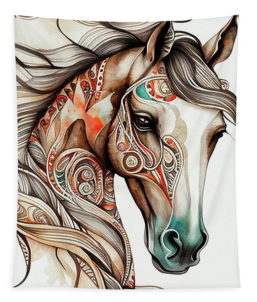Horse Tapestry featuring the digital art Watercolor Animal 14 Horse Portrait by Matthias Hauser